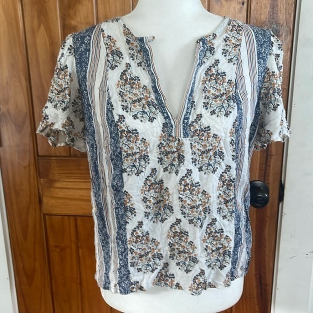 Lucky Brand White Blue Tan Paisley Floral Striped Short Sleeve top medium 90s